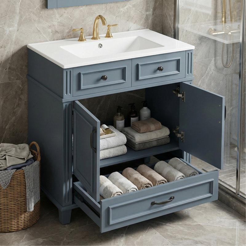 30" Bathroom Vanity With Ceramic Sink, Solid Wood Frame, Soft Closing Doors & Ample Storage, Blue Retro Style - Blue, 30"