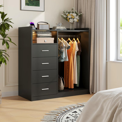 Organisateur de garde-robe moderne à 4 tiroirs avec support suspendu, lumières DEL, station de charge, tablettes ouvertes