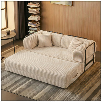 Canapé à compression, canapé-lit convertible au sol avec accoudoirs avec dossier coussiné, canapé-lit futon confortable, causeuse modulaire désossée, tissu en velours côtelé, pour le salon, la chambre à coucher, beige