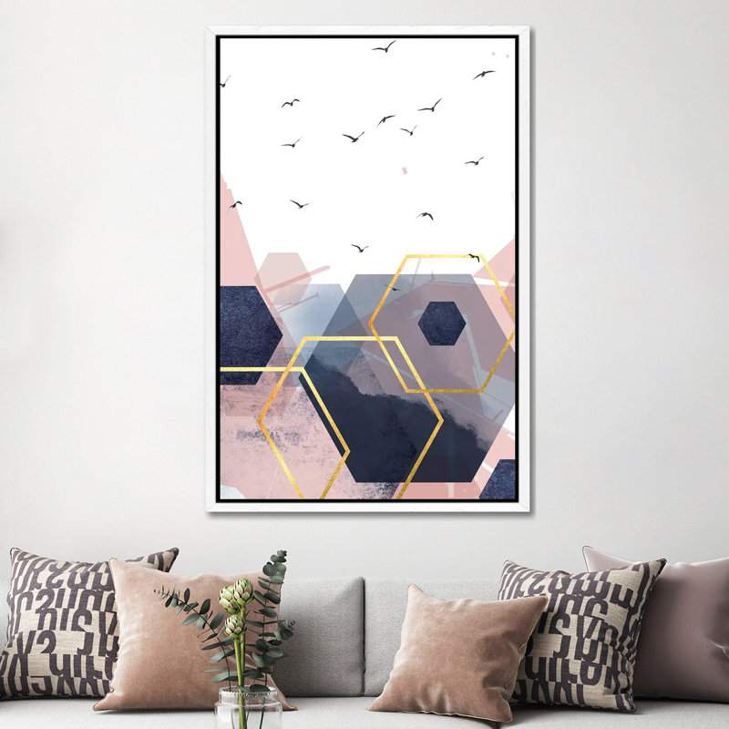 Abstract Navy Blush Gold II by Urban Epiphany - Print on Canvas, 152.5 cm H x 101.5 cm W, White Framed