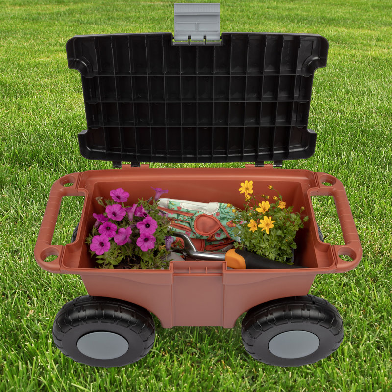 Rolling Garden Cart with Seat - Plastic Storage with Bench and Interior Tool Tray - Gardening Stool for Weeding and Planting by Pure Garden