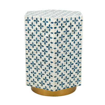 15X13x18.5" Hexagonal Accent Table With Blue Capiz Design And Gold Base