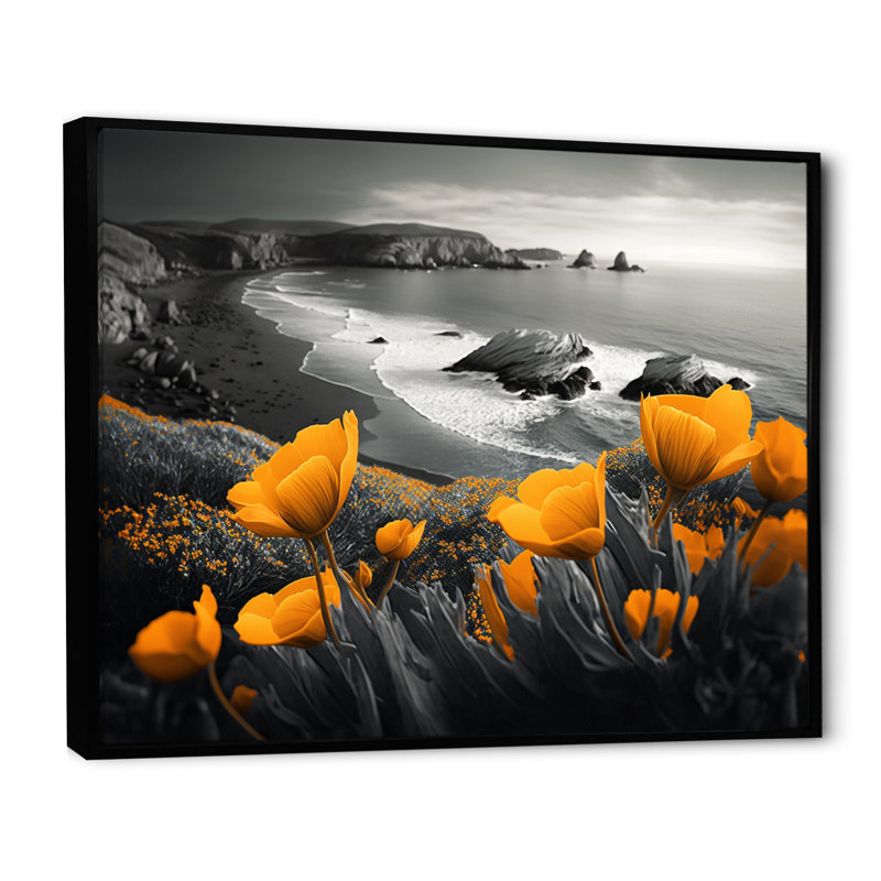 «Yellow Flowers by the Coast II», reproduction sur toile, H 12 po x l 20 po x P 1 po, Toile avec cadre flottant noir