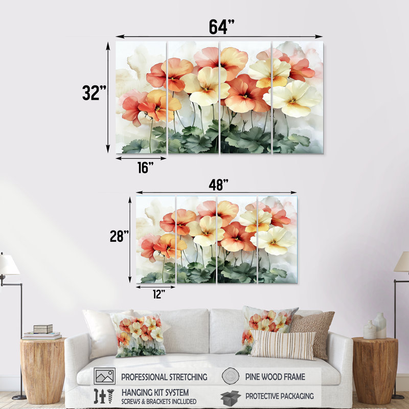 Fleurs vibrantes de géraniums - Art mural géraniums - Art mural traditionnel, 4, H 28 po x l 48 po