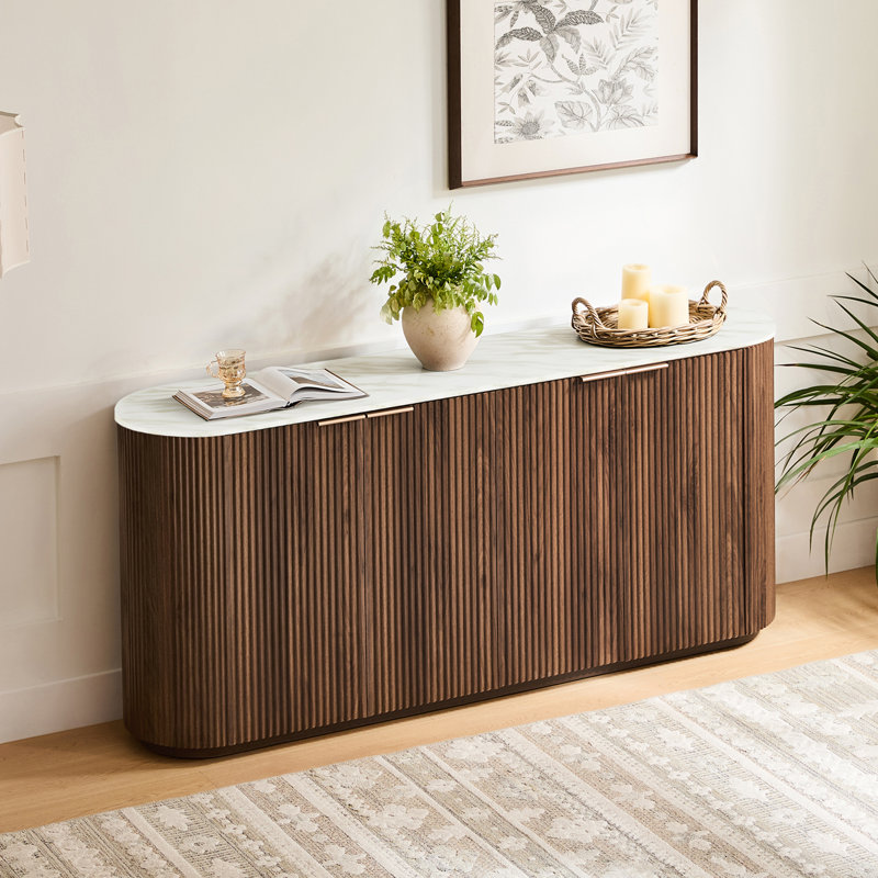 Buffet cannelé moderne 70 po avec bord incurvé et portes à fermeture en douceur, Noyer/blanc