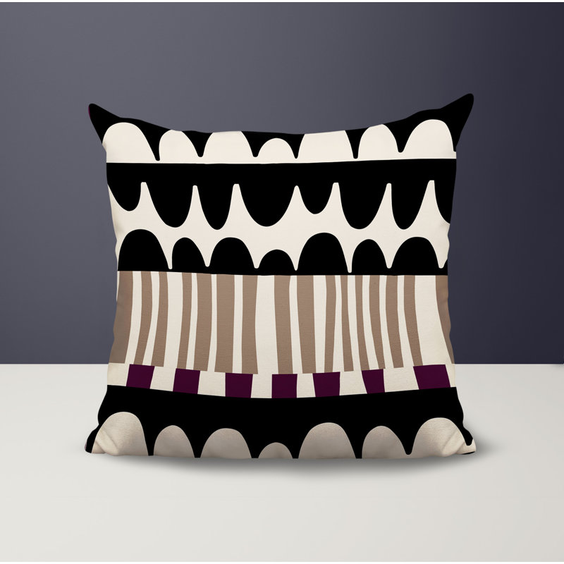 Coussin carré intérieur / extérieur Rami, H 15 po x l 15 po, Mauve / noir / blanc cassé abstrait