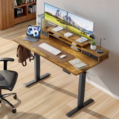 Bureau debout électrique réglable de 48 po avec tablette pour écran à deux niveaux, 4 préréglages de mémoire et 2 tiroirs - noir