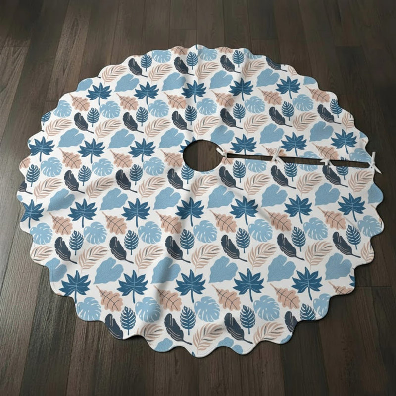 Jupe d'arbre de Noël imprimée Leaves Collection - 54 po de diamètre, Blanc / palmier beige turquoise