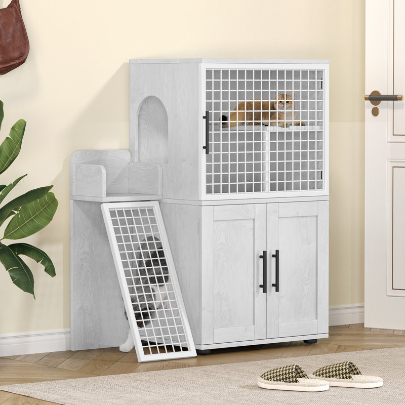 Litière pour chat moderne avec porte latérale, bac à litière caché à double couche et animalerie, Blanc