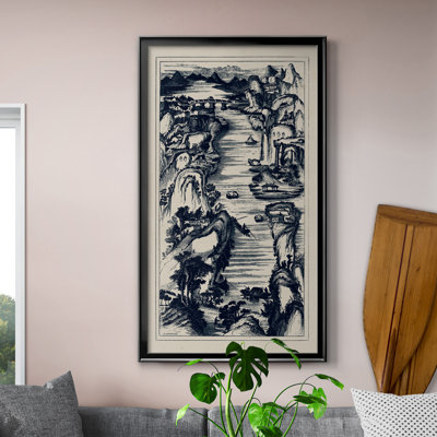 Vue d'oiseau chinois en bleu marine II - Peinture sur toile encadrée