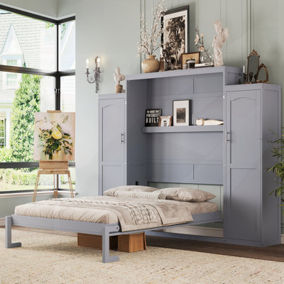 Grand lit escamotable, lit escamotable en bois avec 2 garde-robes et tablette de rangement, plateforme pliable multifonctionnelle pour chambre d'amis, chambre à coucher