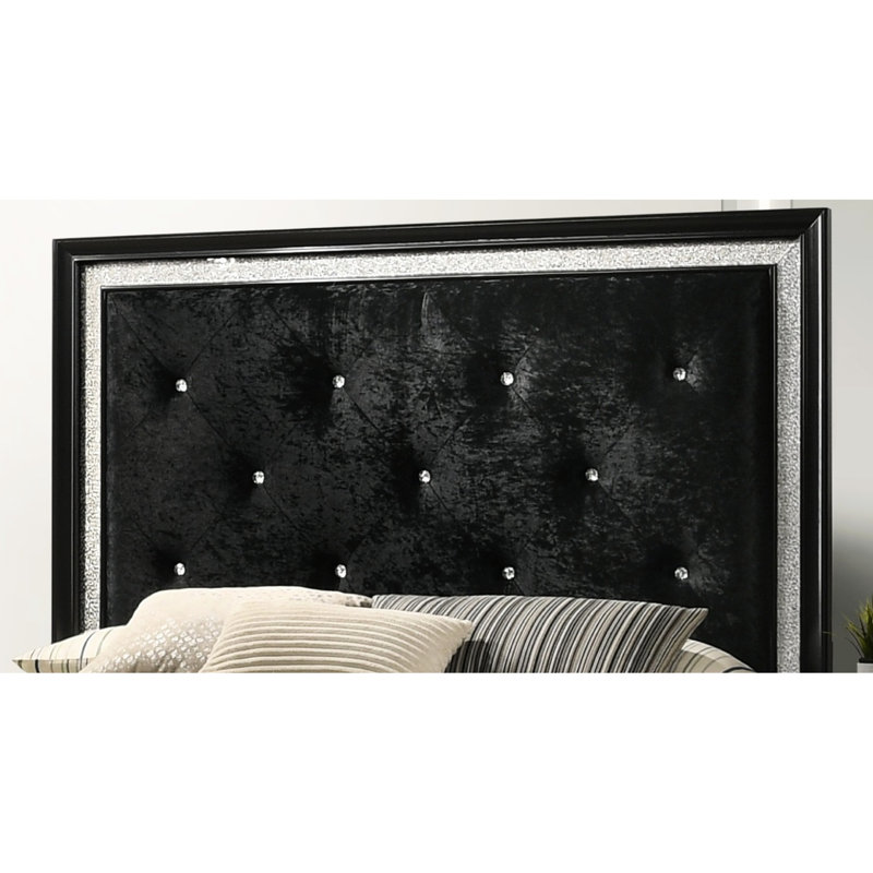 Lit double à finition noire avec capitonnage à losanges et structure en bois massif pour chambre à coucher