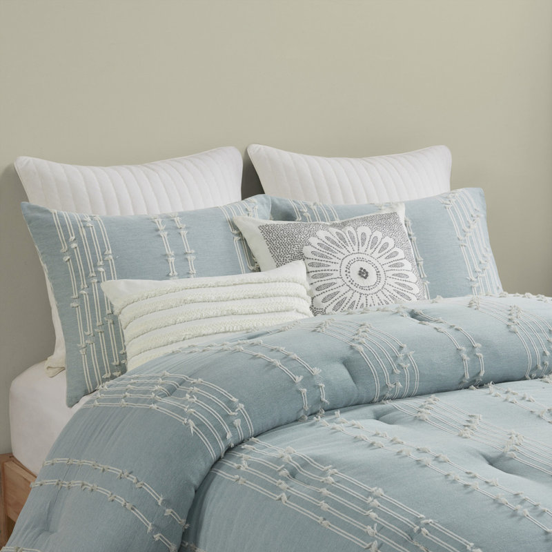 Édredon 3 pièces en coton avec revers et imprimé lavable à la machine, Édredon double et 2 taies décoratives, Turquoise