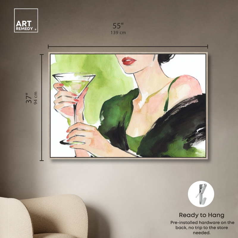 Martini Pause - Reproduction sur toile encadrée d'Ira Comleva, Art mural Martini par Art Remedy, Cadre en chêne naturel, 54 x 36