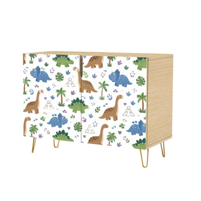 Buffet à deux portes avec rangement dissimulé, décoré de dinosaures, palmiers, volcans et animaux. Mobilier multifonctionnel pour salon, cuisine et coin café.