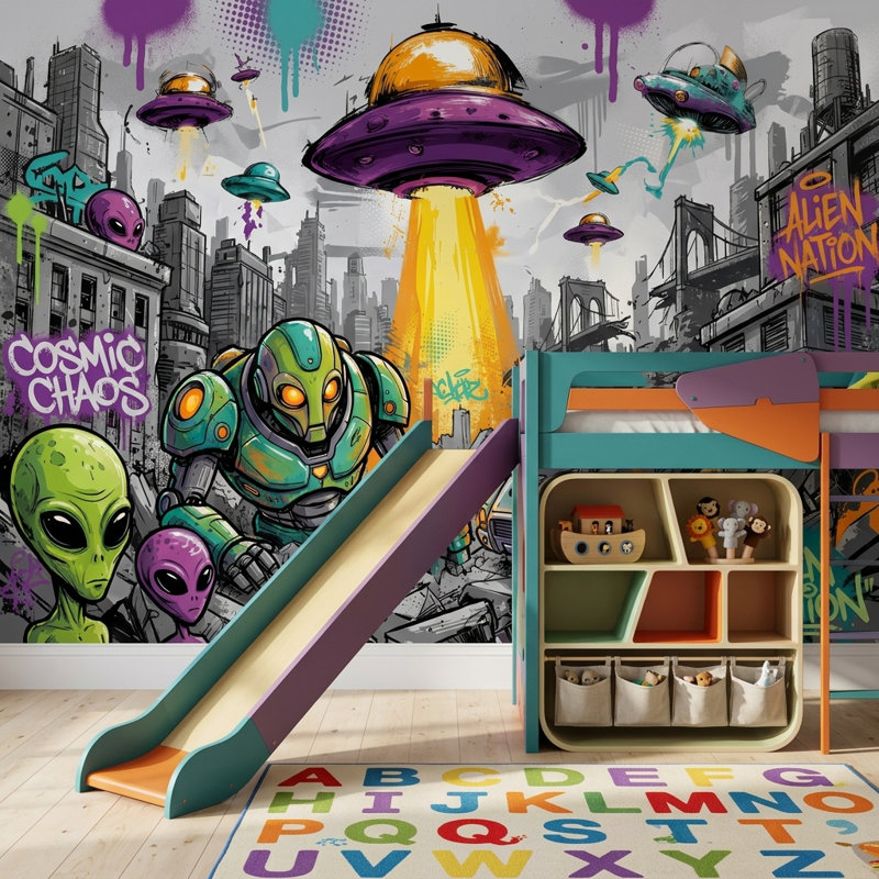 Murale Alien Invasion UFO Graffiti Street Art, 120 po x 96 po, Peler et coller