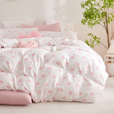 Nayoroom Cartoon Pink Bowknot Pattern On White Duvet Cover Set Teens Gentle Soft Home Cozy And Breathable Bedding Set