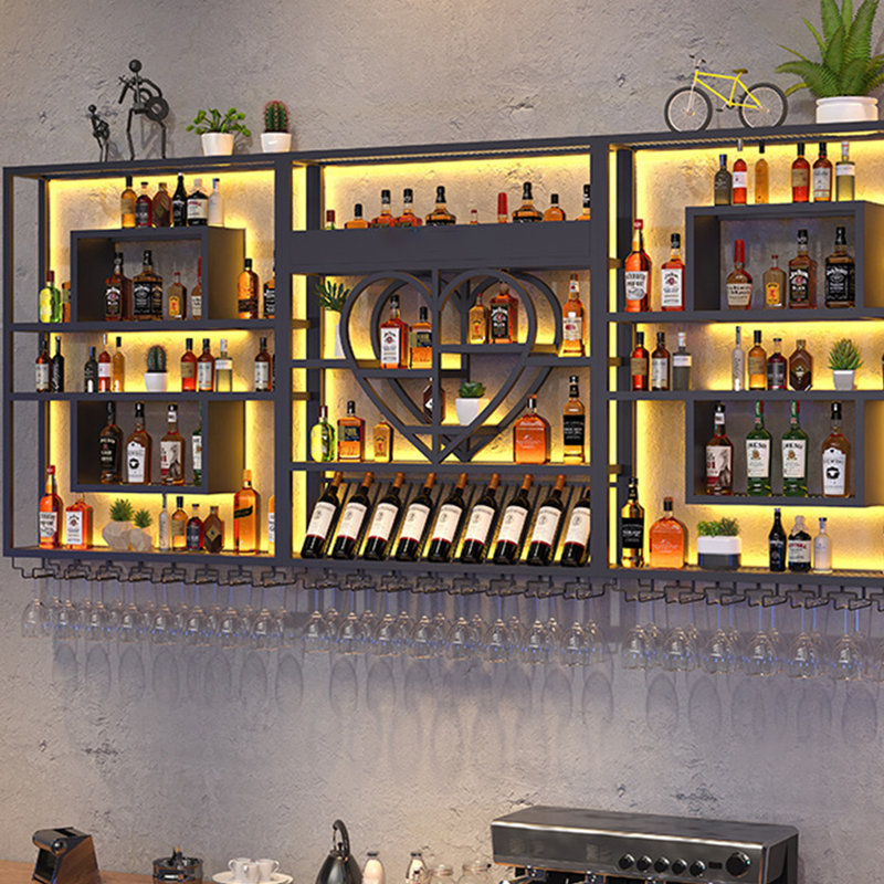 Wall Mounted Shelf Industrial Style Bar Iron Display Shelf (LED Lights Not Included), 49.2" H x 94.4" W x 7.8" D, Black