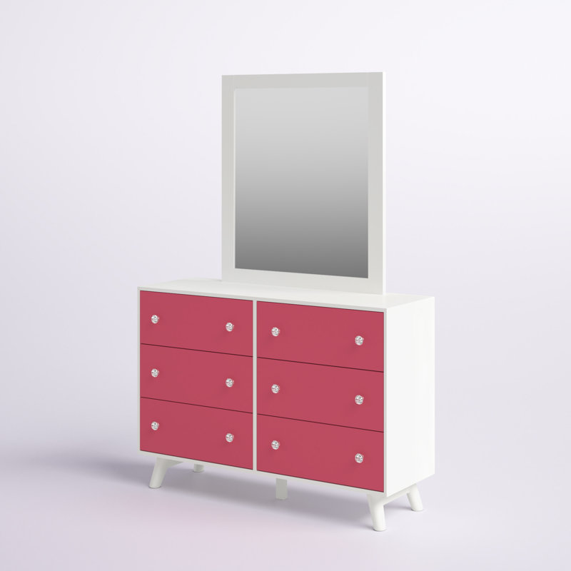 Commode double en bois massif à 6 tiroirs avec miroir l 48 po Chalcedony, Rose / blanc