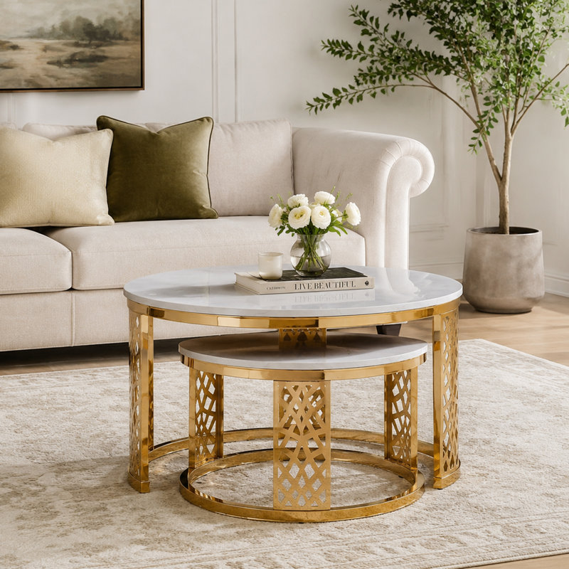 2 tables gigognes Enrique, Blanc, Découpe en treillis doré, Wood