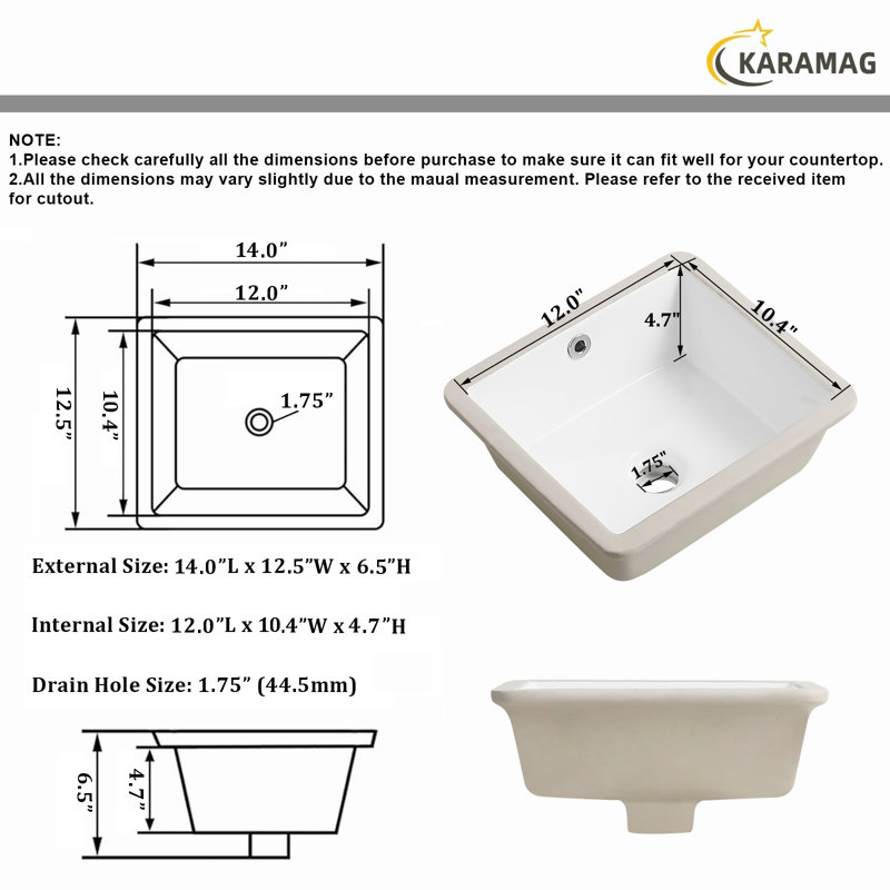 KARAMAG 14"x12.5" Undermount Bathroom Sink Rectangle Small Undermount Vanity Sink White Ceramic Under Counter Bathroom Sink with Overflow
