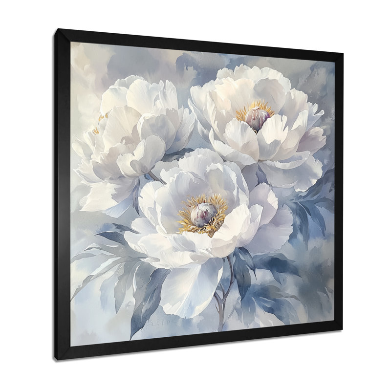 Fleurs givrées monochromes de pivoines I - pivoines, art mural, H 30 po x l 30 po, Picture Framed, Noir, noir, noir, noir