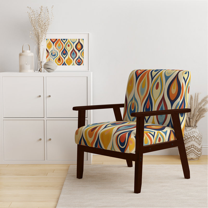 Retro Abstract Drops XI - Velvet Upholstered Midcentury Arm Chair, Midcentury Accent Chair, Yellow/Blue Polyester