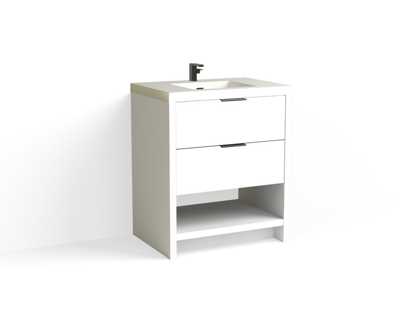 Vue 30" W Freestanding Single Bathroom Vanity, White Nanomatte, Matte White/Single, Matte Black