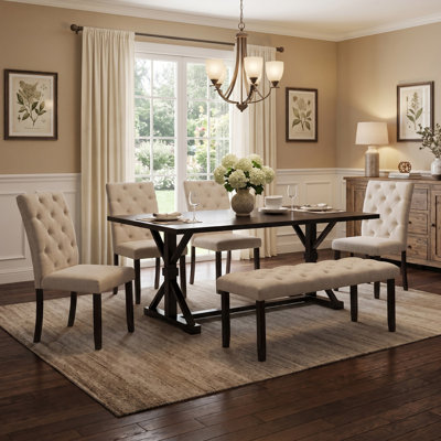 6-Piece Farmhouse Dining Table Set, Solid Wood Dining Set with Rectangular Trestle Table and 4 Upholstered Chairs & Bench for Dining Room and Kitchen