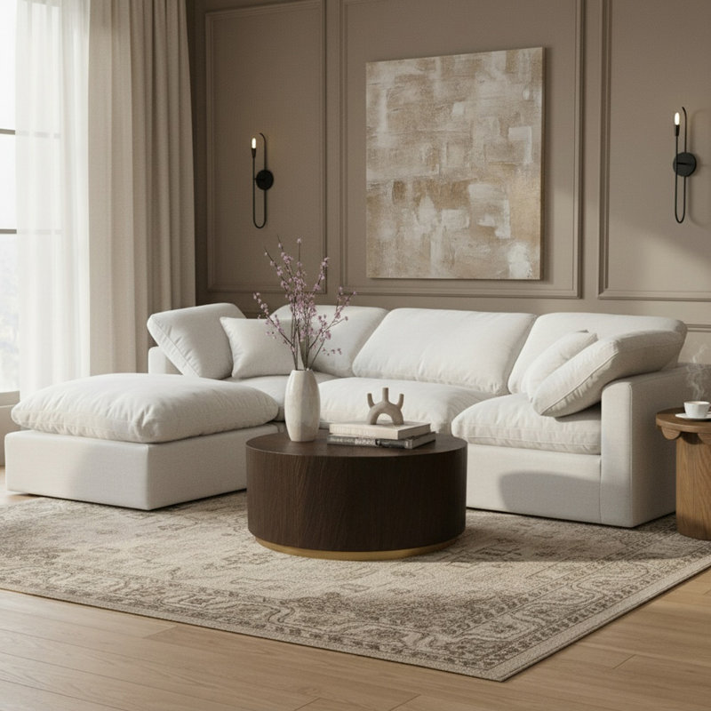 Canapé modulaire rembourré 4 pièces Hinami, Tissu texturé en lin blanc
