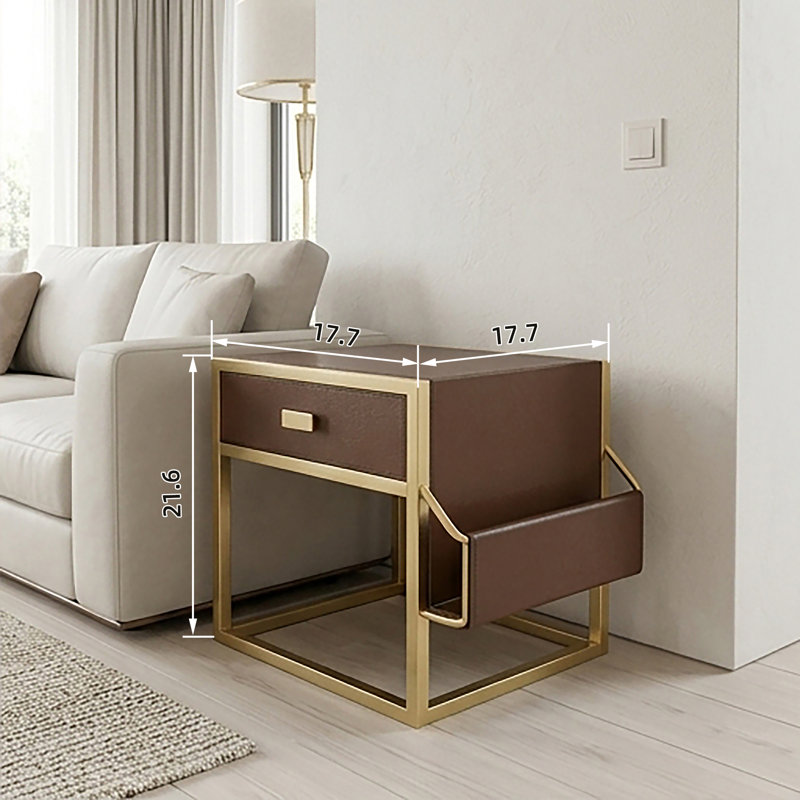 Table d'appoint moderne en métal avec dessus et pochette revêtus de similicuir