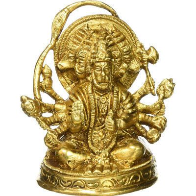 Handcrafted Brass Panchmukhi Hanuman Statue, 3.4 in. Tabletop Figurine - Sacred Hindu Five-Faced Deity Sculpture for Home Altar & Meditation Room