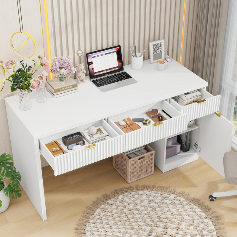 60" Executive Desk With Fluted Drawers, Wood Home Office Desk With Storage Cabinet, White