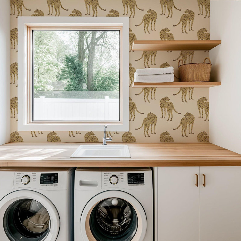 Prowling Cheetah - Wallpaper, Juniper, Faux Grasscloth
