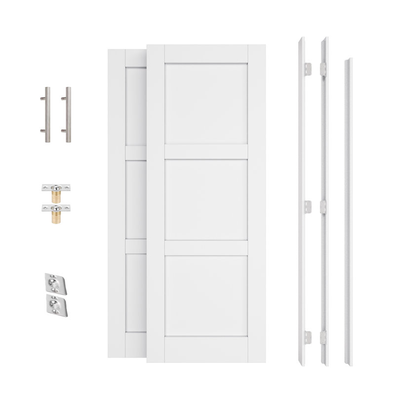 Porte française intérieure de 60 po x 80 po, portes à 3 panneaux à un vantail sans cadre, loquets à bille complets et charnières et poignées en nickel satiné, apprêt blanc prêt à peindre et parfait pour la porte de chambre à coucher, porte d'entrée, couloir, porte de salon, garde-manger Porte et porte de salle de bain