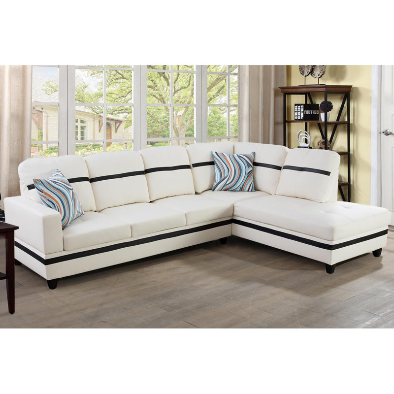 Bawan Faux Leather L-Shaped Sectional, Right Hand Facing, White/Black Faux Leather