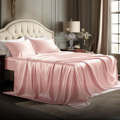 Bedsure Pink Satin Sheet Set King Size - 4 Piece Silky Bedsheets with 15" Deep Pocket (King, Peach Pink)