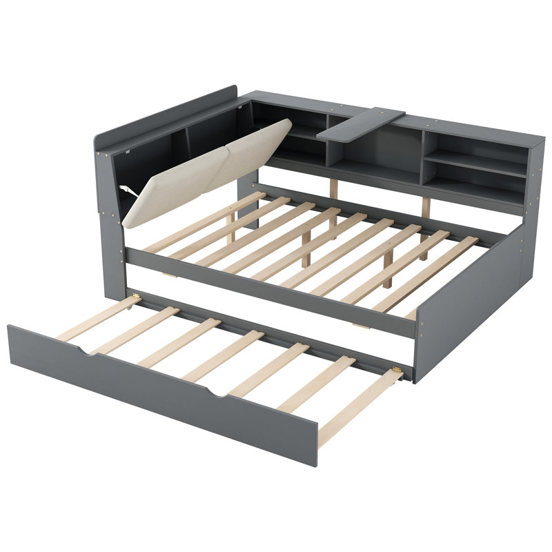Lit plateforme double en bois gris avec lit gigogne, tête de lit tapissier et rangement - Tablettes remplies