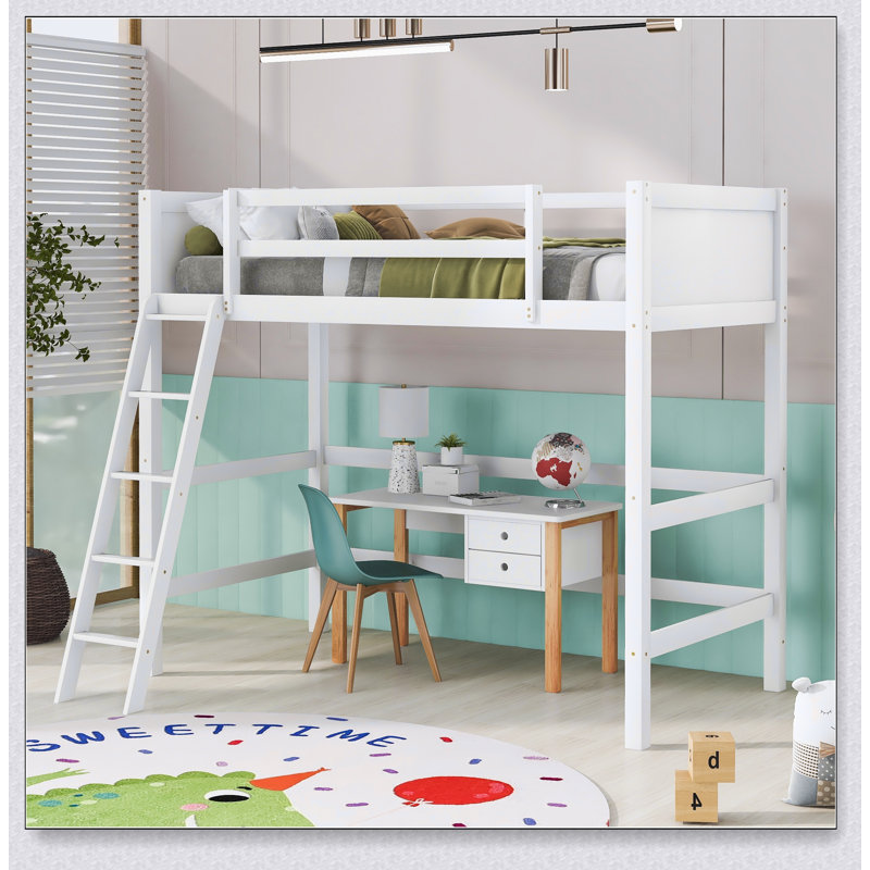 Solid Wood Loft Bed With Ladder, White