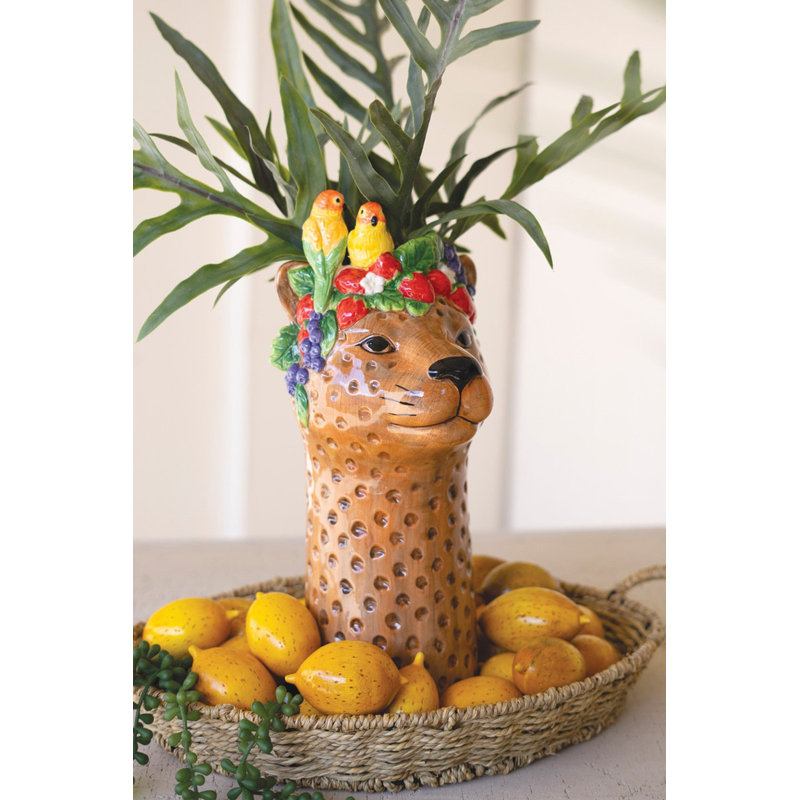  Ceramic Tropical Cheetah Vase 15"H – Multi Color Glazed Decorative Statement Piece