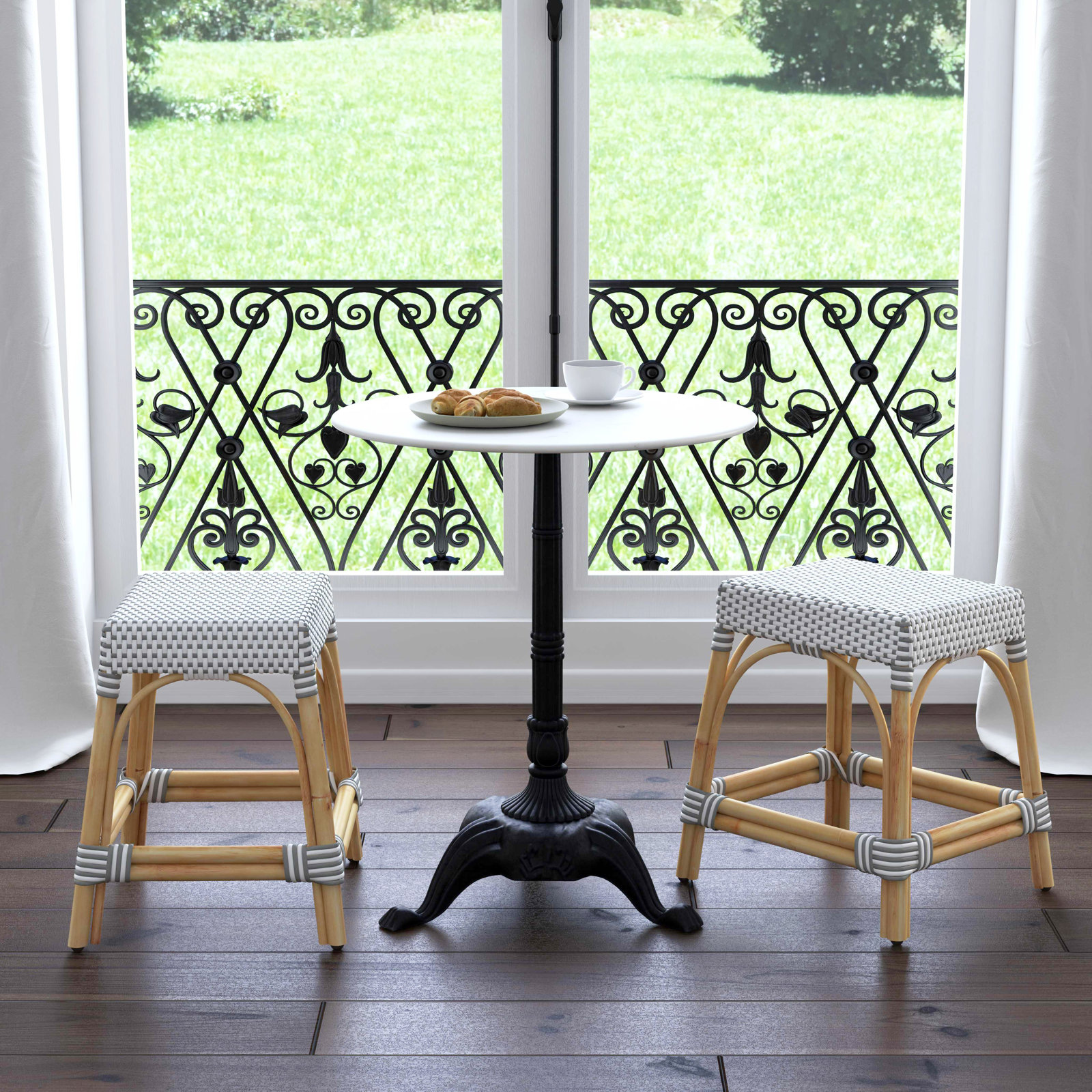 Lennart 18" Bar Stool, White/Gray Dot / Natural Rattan Frame