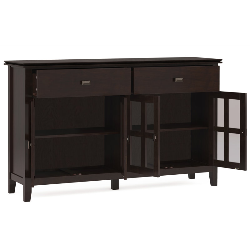 Artisan 60"W Solid Wood 4-Door Sideboard Buffet with Tempered Glass Doors and 2 Drawers, Dark Chestnut Brown