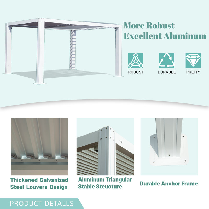 Aluminum Pergola White Gazebo with Louvered Roof, 13 ft x 10 ft