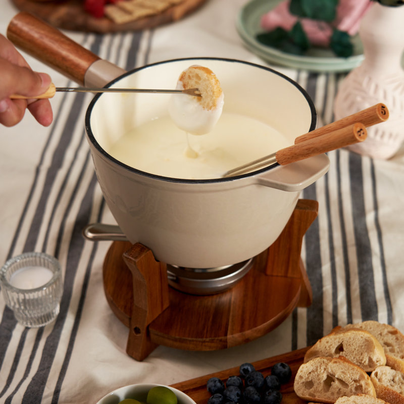 Ensemble à fondue en bois et fonte beige