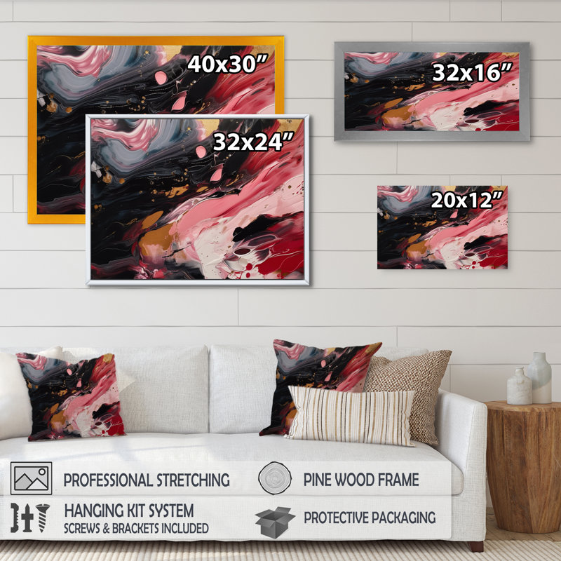 " Red And Black Marble Whispers V ", Black Picture Framed, 12" H x 20" W x 1" D