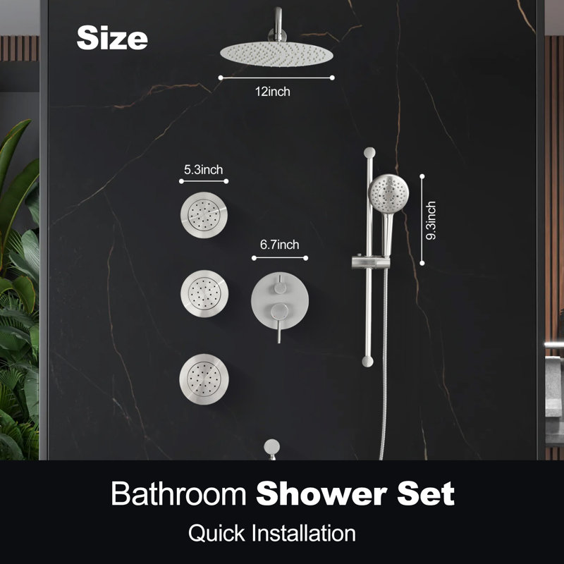 Système de douche avec 3 jets de corps, ensemble de douche à pluie à fixation murale 12 po et douchette à main, Nickel brossé