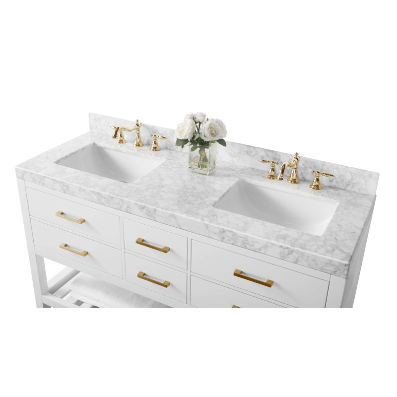 Elizabeth 60'' W Double Vanity, Carrara White, Gold, Heritage Blue