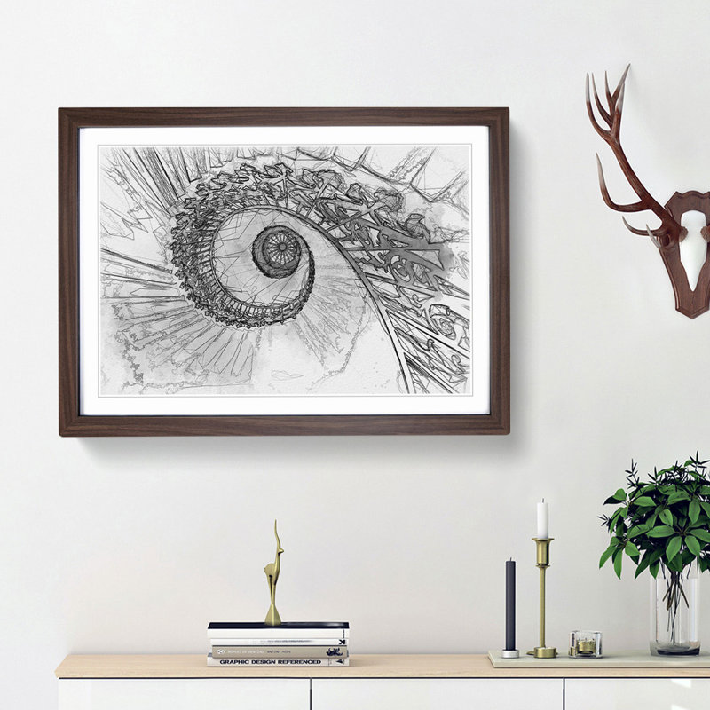 Spiral Staircase in Abstract - Picture Frame Graphic Art Print on MDF, 62cm H x 87cm W x 2cm D, Walnut Framed