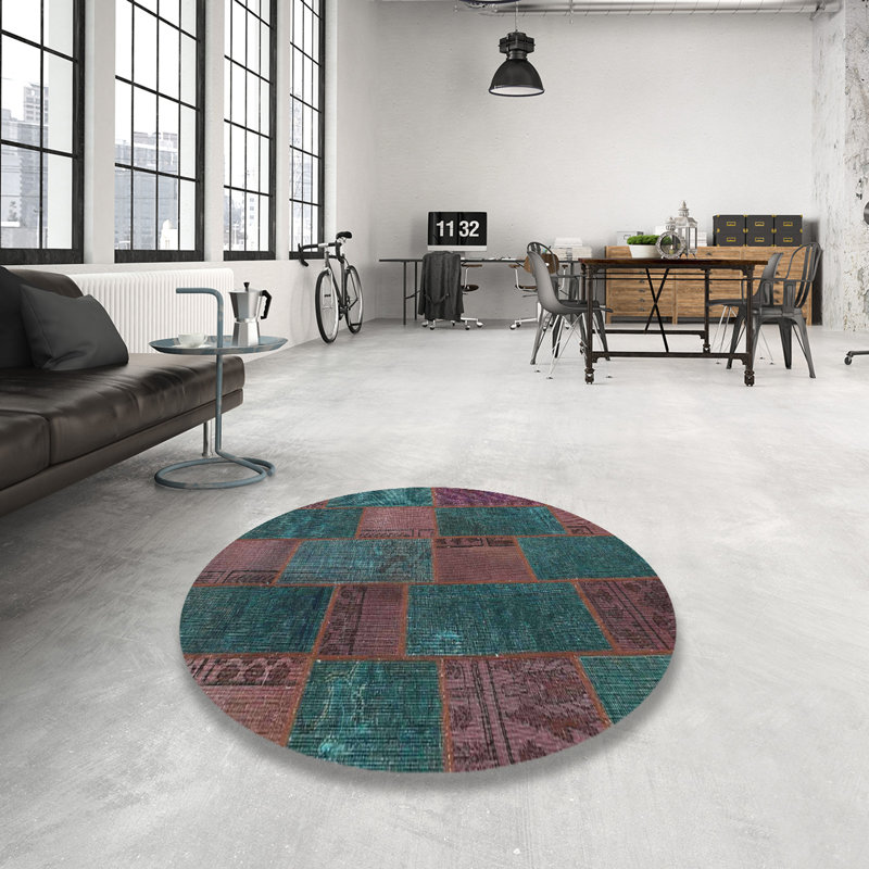 Tapis de zone turquoise/brun contemporain, Rond 4 pi