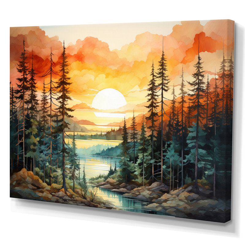 Pin, coucher de soleil brillant II - Pin, art mural, H 24 po x l 32 po, Toile tendue